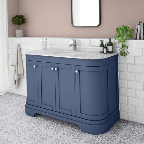 Period Bathroom Co. 1220mm Curved Vanity Unit with White Marble Basin Top - Cobalt Blue | Freestanding Bathroom Vanity 1 Period Bathroom Co. 1220mm Curved Vanity Unit with White Marble Basin Top - Cobalt Blue | Freestanding Bathroom Vanity