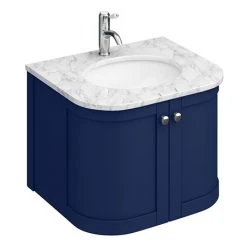 Period Bathroom Co. 620mm Curved Wall Hung Vanity with White Marble Basin Top - Cobalt Blue | Modern Bathroom Storage Solution
