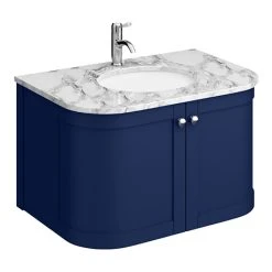 Period Bathroom Co. 820mm Curved Wall Hung Vanity with White Marble Basin Top - Cobalt Blue | Modern Bathroom Storage