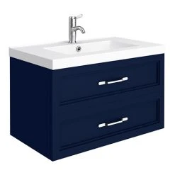 Period Bathroom Co. Matt Blue Wall Hung Vanity - 800mm 2 Drawer with Chrome Handles | Compact & Stylish