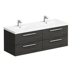 Hudson Reed 1440mm Black Woodgrain Quartet Double Basin Vanity Unit - Stylish Wall Hung Design