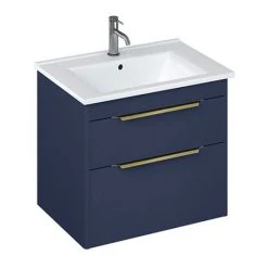 Britton Shoreditch 650mm Wall-Hung Double Drawer Vanity Unit with Brass Handles - Matt Blue