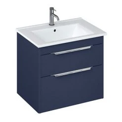 Britton Shoreditch 650mm Wall-Hung Double Drawer Vanity Unit with Chrome Handles - Matt Blue | Modern Bathroom Storage