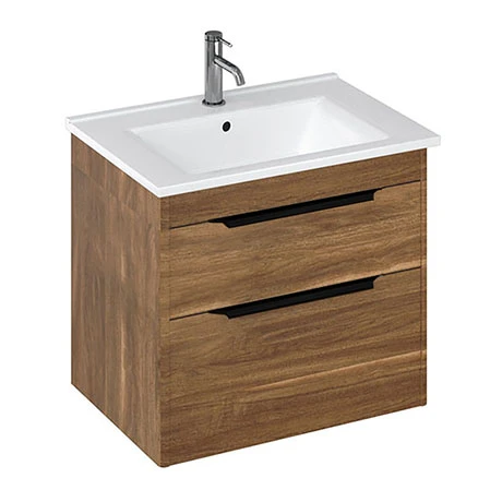 Britton Shoreditch 650mm Wall-Hung Double Drawer Vanity Unit with Black Handles - Caramel 1 Britton Shoreditch 650mm Wall-Hung Double Drawer Vanity Unit with Black Handles - Caramel