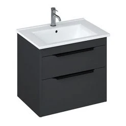 Britton Shoreditch 650mm Wall-Hung Double Drawer Vanity Unit with Black Handles - Matt Grey | Modern Bathroom Storage Solution
