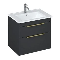 Britton Shoreditch 650mm Wall-Hung Double Drawer Vanity Unit with Brass Handles - Matt Grey | Modern Bathroom Storage Solution