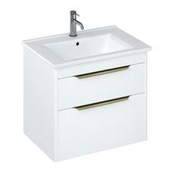 Britton Shoreditch 650mm Wall-Hung Double Drawer Vanity Unit with Brass Handles - Matt White | Premium Bathroom Furniture
