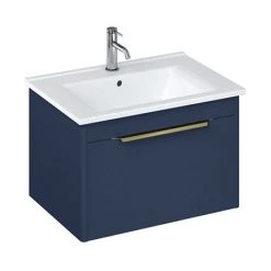 Britton Shoreditch 650mm Wall-Hung Single Drawer Vanity Unit with Brass Handle - Matt Blue | Modern Bathroom Storage Solution