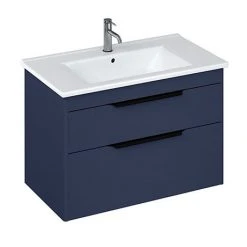 Britton Shoreditch 850mm Wall-Hung Double Drawer Vanity Unit with Black Handles - Matt Blue | Modern Bathroom Storage