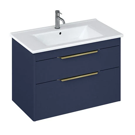 Britton Shoreditch 850mm Wall-Hung Double Drawer Vanity Unit with Brass Handles - Matt Blue | Modern Bathroom Storage 1 Britton Shoreditch 850mm Wall-Hung Double Drawer Vanity Unit with Brass Handles - Matt Blue | Modern Bathroom Storage