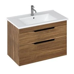 Britton Shoreditch 850mm Wall-Hung Double Drawer Vanity Unit with Black Handles - Caramel | Premium Bathroom Furniture