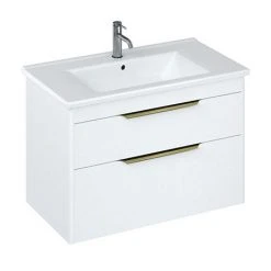 Britton Shoreditch 850mm Wall-Hung Double Drawer Vanity Unit with Brass Handles - Matt White | Modern Bathroom Storage