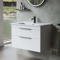 Britton Shoreditch 850mm Wall-Hung Double Drawer Vanity Unit with Chrome Handles - Matt White | Premium Bathroom Furniture -Vanity Units Shop S85DDWSQ D1 460
