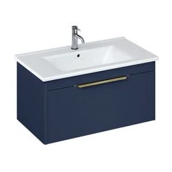 Britton Shoreditch 850mm Wall-Hung Single Drawer Vanity Unit with Brass Handle - Matt Blue | Premium Bathroom Furniture