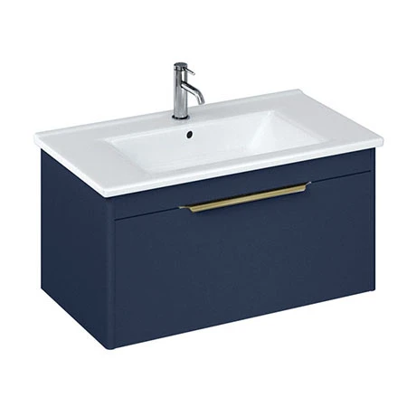 Britton Shoreditch 850mm Wall-Hung Single Drawer Vanity Unit with Brass Handle - Matt Blue | Premium Bathroom Furniture 1 Britton Shoreditch 850mm Wall-Hung Single Drawer Vanity Unit with Brass Handle - Matt Blue | Premium Bathroom Furniture