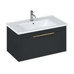 Britton Shoreditch 850mm Wall-Hung Single Drawer Vanity Unit with Brass Handle - Matt Grey | Britton Bathrooms