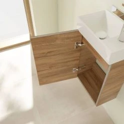 Villeroy & Boch Avento Oak Kansas 360mm Wall Hung Vanity Unit with Left Bowl Basin - Premium Bathroom Storage Solution -Vanity Units Shop SAVE31RH01 D6 460