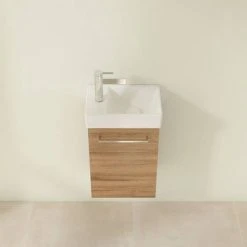 Villeroy & Boch Avento Oak Kansas 360mm Wall Hung Vanity Unit with Right Bowl Basin | Premium Bathroom Furniture -Vanity Units Shop SAVE32RH01 D3 460