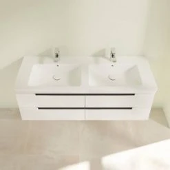 Villeroy & Boch Subway 2.0 Glossy White 1300mm Wall Hung Double Basin Vanity Unit - Modern Bathroom Design -Vanity Units Shop SBDB13GW D3 460