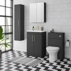 Arezzo 600 Matt Black Floor Standing Vanity Unit with Brushed Brass Handles | Freestanding Bathroom Furniture -Vanity Units Shop Soft Black Lifestyle 01 460