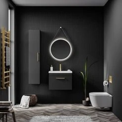 Arezzo 600 Matt Black Wall Hung 1-Drawer Vanity Unit with Brushed Brass Handle - Modern Bathroom Storage -Vanity Units Shop Soft Black Lifestyle 02 460