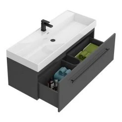 Valencia 1200 Gloss Grey Minimalist Wall Hung Vanity Unit with Matt Black Handle - Modern Bathroom Storage -Vanity Units Shop V12GWHMB d2 460