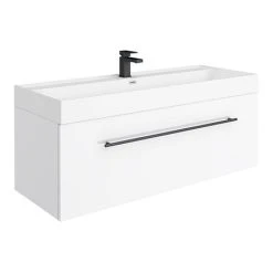Valencia 1200 Gloss White Wall Hung Vanity Unit with Matt Black Handle - Minimalist Modern Bathroom Storage