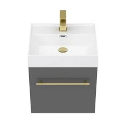 Valencia 450 Gloss Grey Minimalist Wall Hung Vanity Unit with Brass Handle - Modern Bathroom Furniture -Vanity Units Shop V4GWHBB d4 460