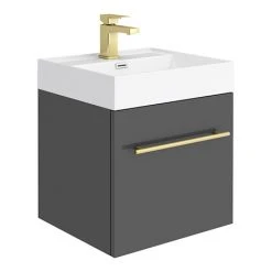 Valencia 450 Gloss Grey Minimalist Wall Hung Vanity Unit with Brass Handle - Modern Bathroom Furniture