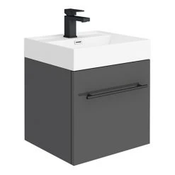 Valencia 450 Gloss Grey Minimalist Wall Hung Vanity Unit with Matt Black Handle - Modern Bathroom Storage