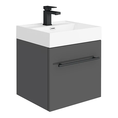 Valencia 450 Gloss Grey Minimalist Wall Hung Vanity Unit with Matt Black Handle - Modern Bathroom Storage 1 Valencia 450 Gloss Grey Minimalist Wall Hung Vanity Unit with Matt Black Handle - Modern Bathroom Storage