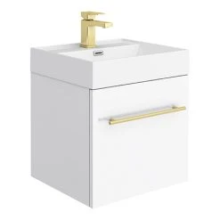 Valencia 450 Gloss White Minimalist Wall Hung Vanity Unit with Brass Handle - Modern Bathroom Storage