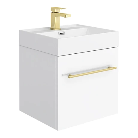 Valencia 450 Gloss White Minimalist Wall Hung Vanity Unit with Brass Handle - Modern Bathroom Storage 1 Valencia 450 Gloss White Minimalist Wall Hung Vanity Unit with Brass Handle - Modern Bathroom Storage