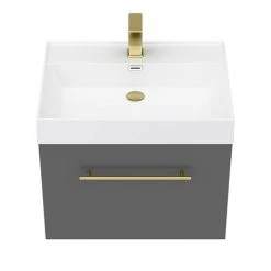 Valencia 600 Gloss Grey Minimalist Wall Hung Vanity Unit with Brass Handle -Vanity Units Shop V6GWHBB d4 460