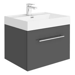 Valencia 600 Gloss Grey Minimalist Wall Hung Vanity Unit with Chrome Handle | Stylish Bathroom Storage