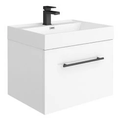 Valencia 600 Gloss White Wall Hung Vanity Unit with Matt Black Handle - Minimalist Bathroom Storage