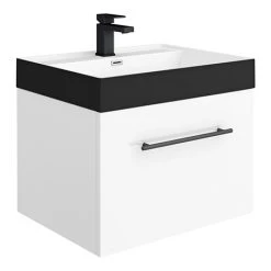 Valencia Gloss White 600mm Wall Hung Vanity Unit with Black Handle and Basin