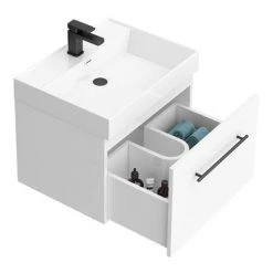 Valencia 600 Gloss White Wall Hung Vanity Unit with Matt Black Handle - Minimalist Bathroom Storage -Vanity Units Shop V6WWHMB d6 460