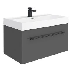 Valencia 800 Gloss Grey Minimalist Wall Hung Vanity Unit with Matt Black Handle - Modern Bathroom Storage Solution