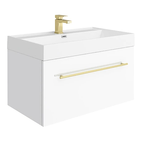 Valencia 800 Gloss White Minimalist Wall Hung Vanity Unit with Brass Handle | Modern Bathroom Furniture 1 Valencia 800 Gloss White Minimalist Wall Hung Vanity Unit with Brass Handle | Modern Bathroom Furniture