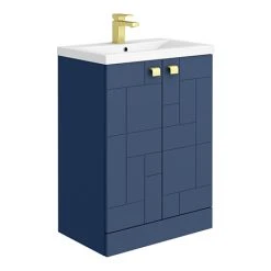 Venice Abstract 600mm Blue Vanity Unit - Modern Freestanding Bathroom Cabinet with Brushed Brass Handles