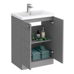 Venice Abstract 600mm Grey Freestanding Vanity Unit with Chrome Square Drop Handles -Vanity Units Shop VAFS600GRY D4 460