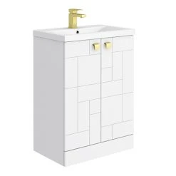 Venice Abstract 600mm White Freestanding Vanity Unit with Brushed Brass Handles