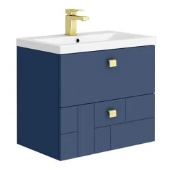 Venice Abstract 600mm Blue Wall Hung Vanity Unit - 2 Drawer Design with Brushed Brass Square Drop Handles | Modern Bathroom Storage