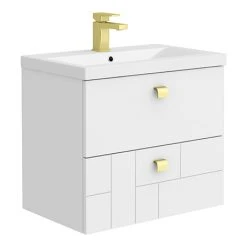 Venice Abstract 600mm White Wall Hung Vanity Unit with Brushed Brass Handles