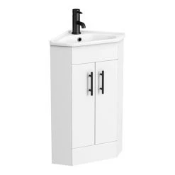 Venice Corner Vanity Unit - Gloss White - 590mm with Black Handles | Freestanding Bathroom Vanity