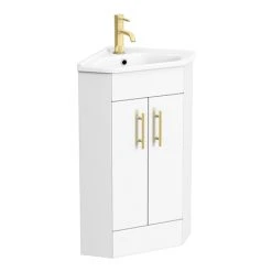 Venice Corner Vanity Unit - Gloss White with Brushed Brass Handles - 590mm