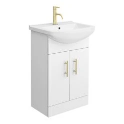 Vanity Units Shop 34 Venice 560 Gloss White Freestanding Vanity with Brushed Brass Handles - 300mm Depth