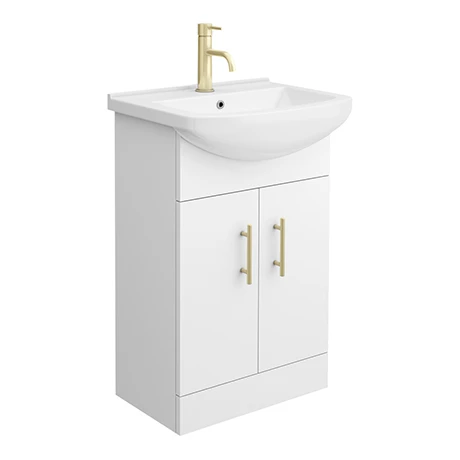 Venice 560 Gloss White Freestanding Vanity with Brushed Brass Handles - 300mm Depth 1 Venice 560 Gloss White Freestanding Vanity with Brushed Brass Handles - 300mm Depth