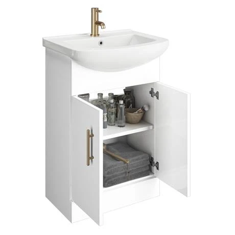 Venice 560 Gloss White Freestanding Vanity with Brushed Brass Handles - 300mm Depth 3 Venice 560 Gloss White Freestanding Vanity with Brushed Brass Handles - 300mm Depth - Image 3